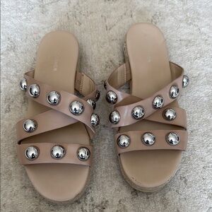 Marc Fisher Beige Leather Sandals with Silver Accents